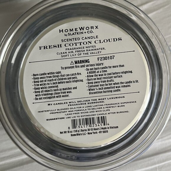 HomeWorx Slatkin 4-Wick Candle FRESH COTTON CLOUDS 18oz - Picture 2 of 2